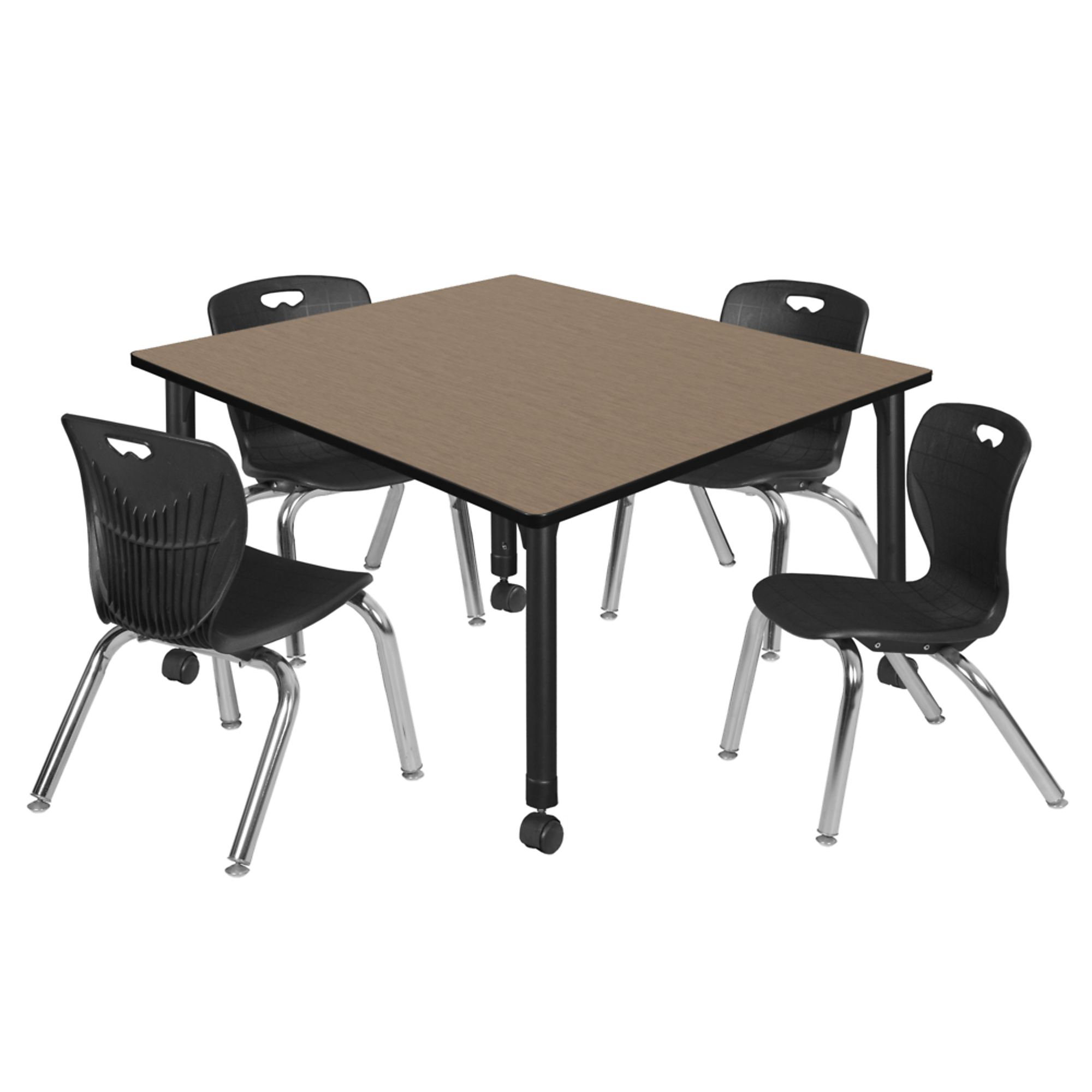 Regency Kee Adjustable Classroom Table with Stack Chairs — 48in. Square, Mobile, Noble Oak Top, Black Base, Includes 4 Black Andy 12in. Stack Chairs, Model# TB4848NOAPCBK45BK